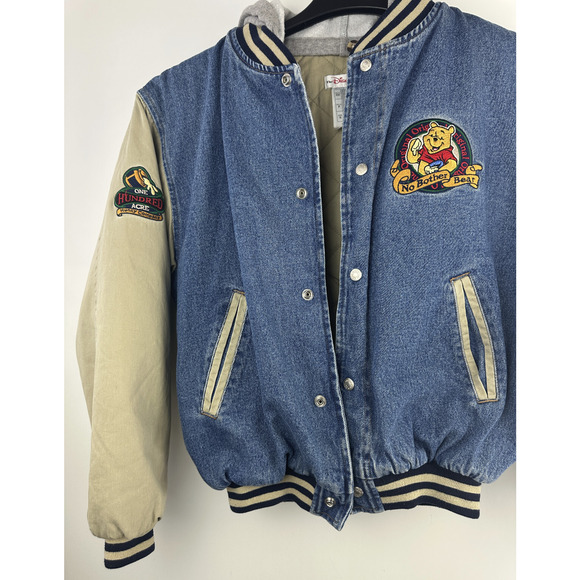 VTG Disney Store Winnie The Pooh Patch No Bother Bear Snap Denim Bomber Jacket S - Picture 5 of 16
